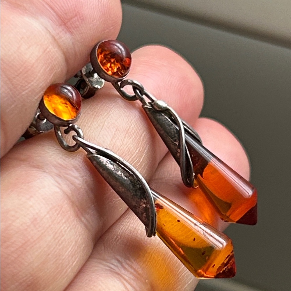 🖤Vintage Sterling Silver & Baltic Amber Drop Earrings - Picture 2 of 7